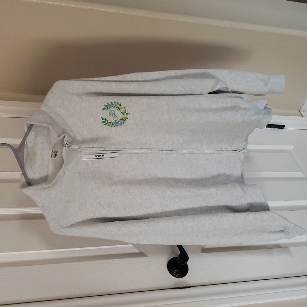 PINK Victoria's Secret Gray Zip-Up Hoodie with Green Embroidery